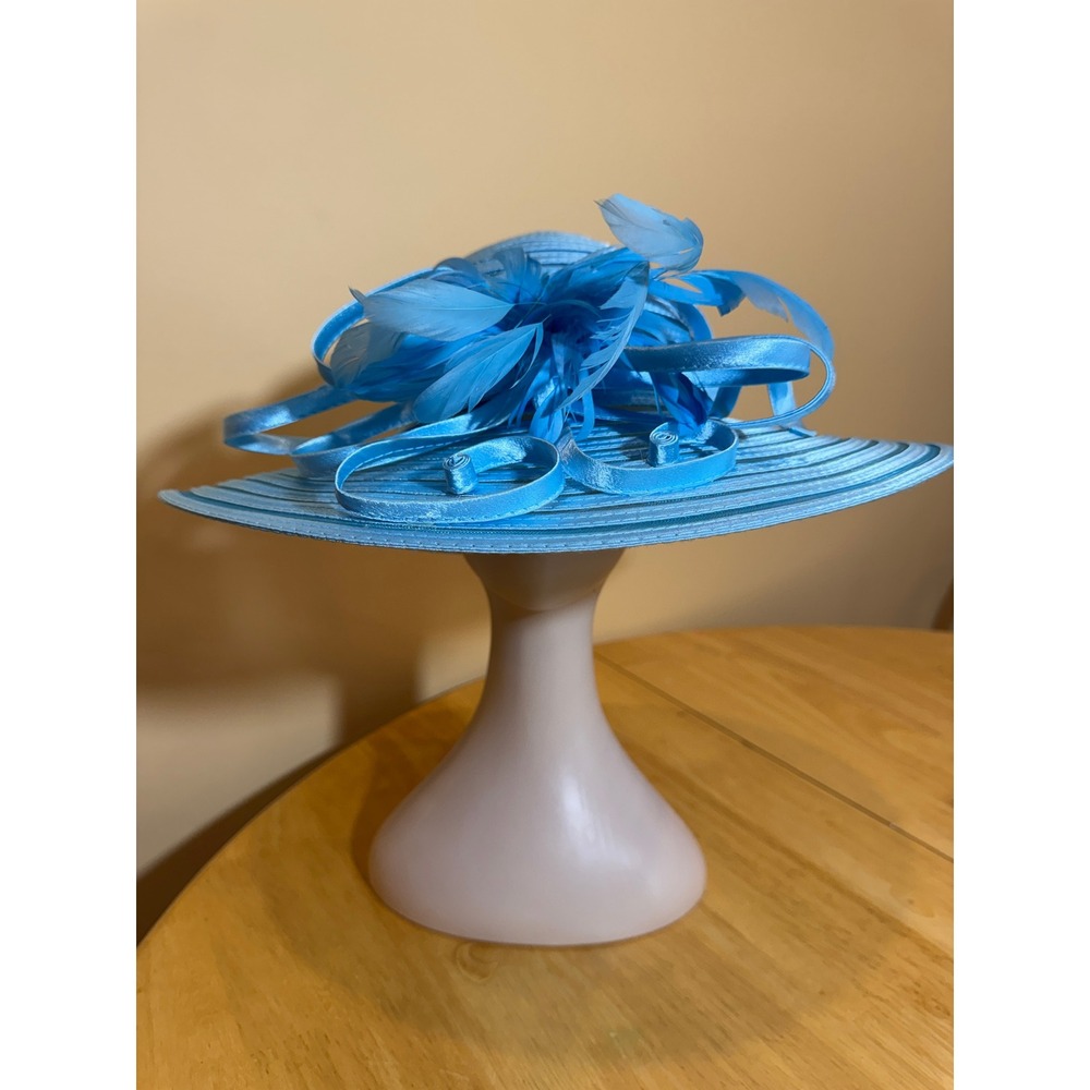 August Hat Sky Blue Wide Brim Feather Ribbon Dress Kentucky Derby Church Easter